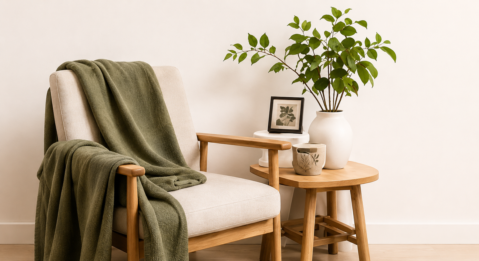 A welcoming chair beside a plant and small table